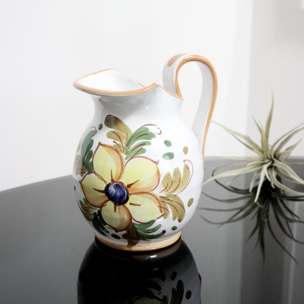 Vintage Art Pottery Pitcher w/ Bright Yellow & Blue Flower, Made in Italy